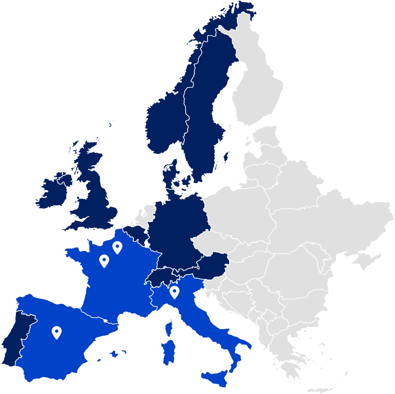 Carte de l'Europe, colorée par la zone de chalandise d'Exaegis Carte de l'Europe, colorée par la zone de chalandise d'Exaegis