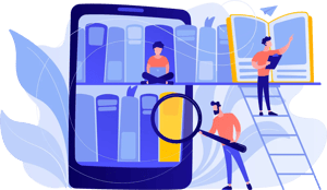 Des personnes cherchant des études dans un catalogue Des personnes cherchant des études dans un catalogue