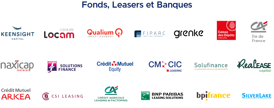 Les logos des clients d'Exaegis parmi les fonds d'investissement, leasers et banques